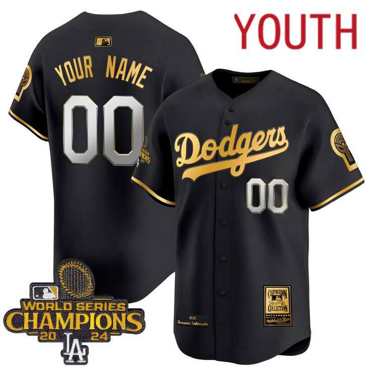 Youth MLB Los Angeles Dodgers Custom black 2024 World Series Champions Patch Cooperstown Jersey style3